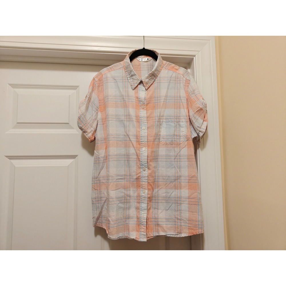 Riders by Lee Womens XL Plaid Short Sleeve Button Down Cotton Shirt Orange Blue